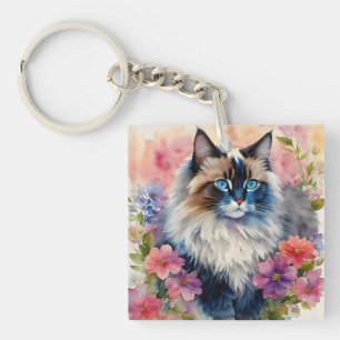 Ragdoll Cat Floral Art Schlüsselanhänger