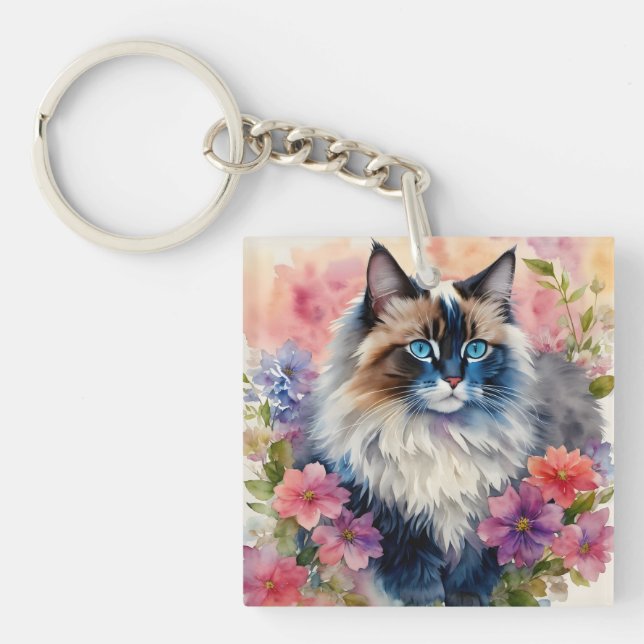 Ragdoll Cat Floral Art Schlüsselanhänger (Vorderseite)