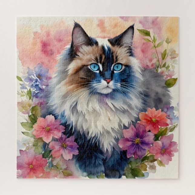 Ragdoll Cat Floral Portrait Art (Vertikal)