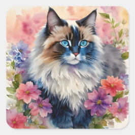 Ragdoll Cat Floral Portrait Art Quadratischer Aufkleber