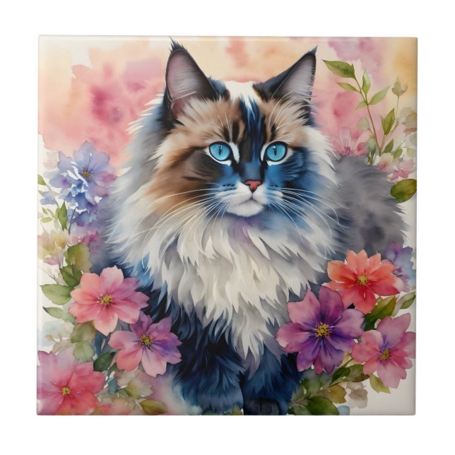 Ragdoll Cat Floral Portrait Fliese (Vorderseite)