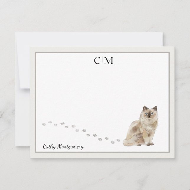 Ragdoll Cat Grau-Grenze Monogramm Name Mitteilungskarte (Vorderseite)