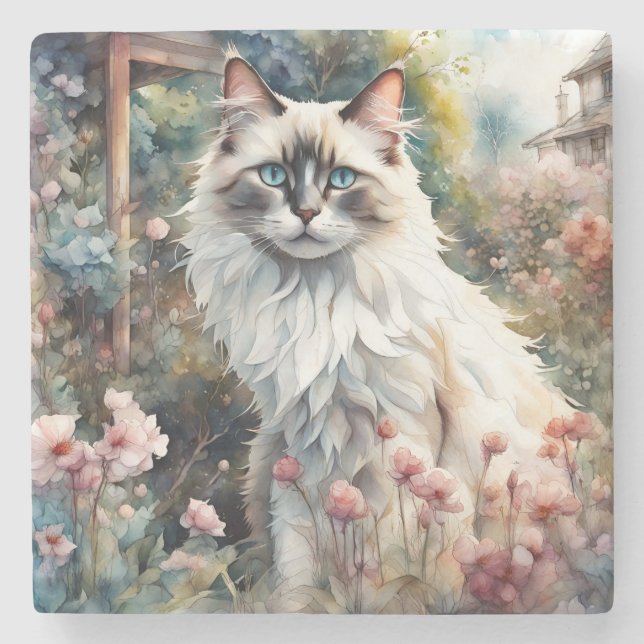 Ragdoll Cat in English Garden Steinuntersetzer (Vorderseite)