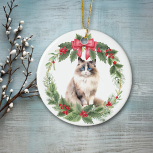 Ragdoll Cat Red Bow Holly Wreath Keramik Ornament