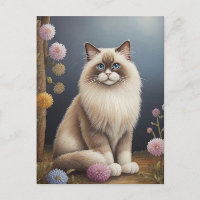Ragdoll Katze im Garten Fluffy Pet Illustration Postkarte (Vorderseite)