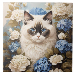 Ragdoll Katze mit Blue Hydrangea-Blume Fliese