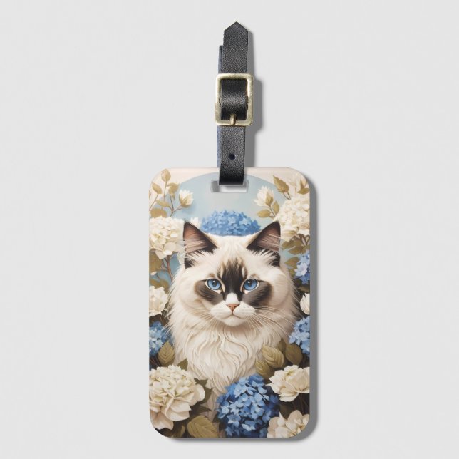Ragdoll Katze mit Blue Hydrangea-Blume Gepäckanhänger (Vorderseite Vertikal)