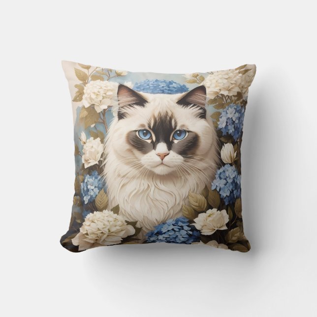 Ragdoll Katze mit Blue Hydrangea-Blume Kissen (Vorderseite)