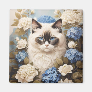 Ragdoll Katze mit Blue Hydrangea-Blume Magnet