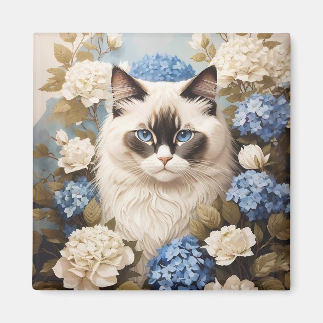 Ragdoll Katze mit Blue Hydrangea-Blume Magnet (Vorne)
