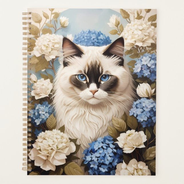 Ragdoll Katze mit Blue Hydrangea-Blume Planer (Vorderseite)