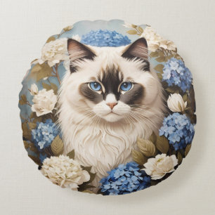 Ragdoll Katze mit Blue Hydrangea-Blume Rundes Kissen