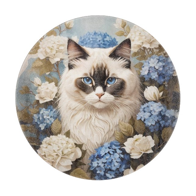 Ragdoll Katze mit Blue Hydrangea-Blume Schneidebrett (Vorderseite)