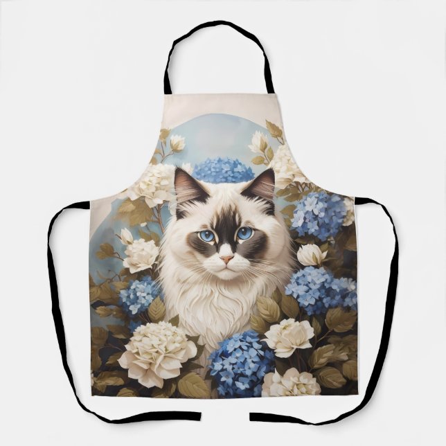 Ragdoll Katze mit Blue Hydrangea-Blume Schürze (Vorderseite)