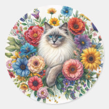 Ragdoll-Katze unter farbenfrohen Blumen Aquarell