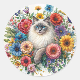 Ragdoll-Katze unter farbenfrohen Blumen Aquarell Runder Aufkleber