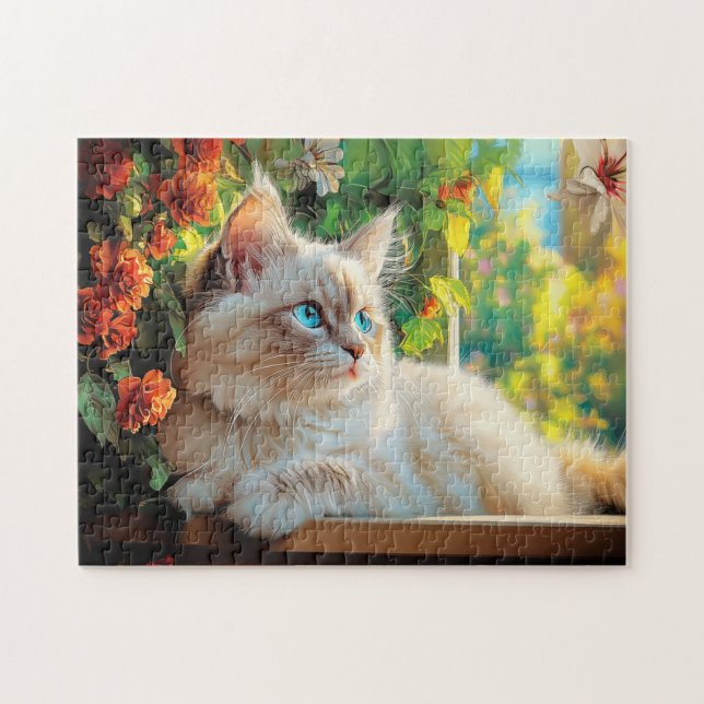 Ragdoll Katzenportrait mit Blume (Horizontal)