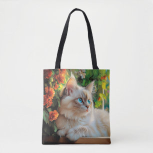 Ragdoll Katzenportrait mit Blume Tasche