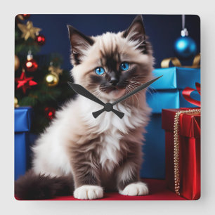Ragdoll Kitten Christmas Present Quadratische Wanduhr