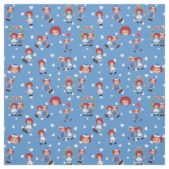 Raggedy Ann and Andy on Falling Hearts on Blue Stoff (Muster)