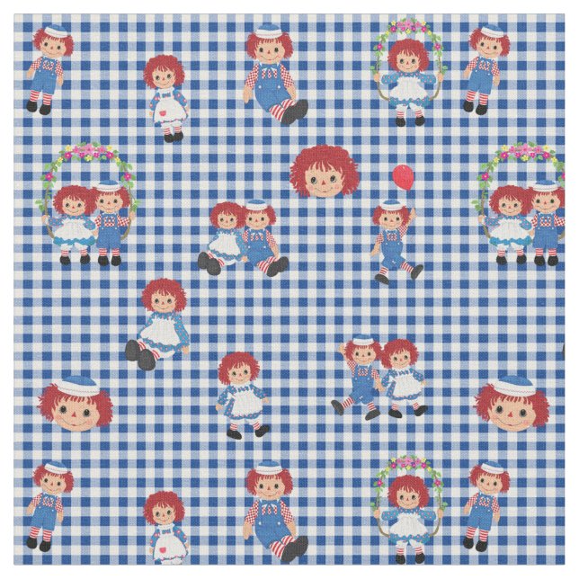 Raggedy Ann und Andy auf Dark Blue Gingham Stoff (Nahaufnahme)