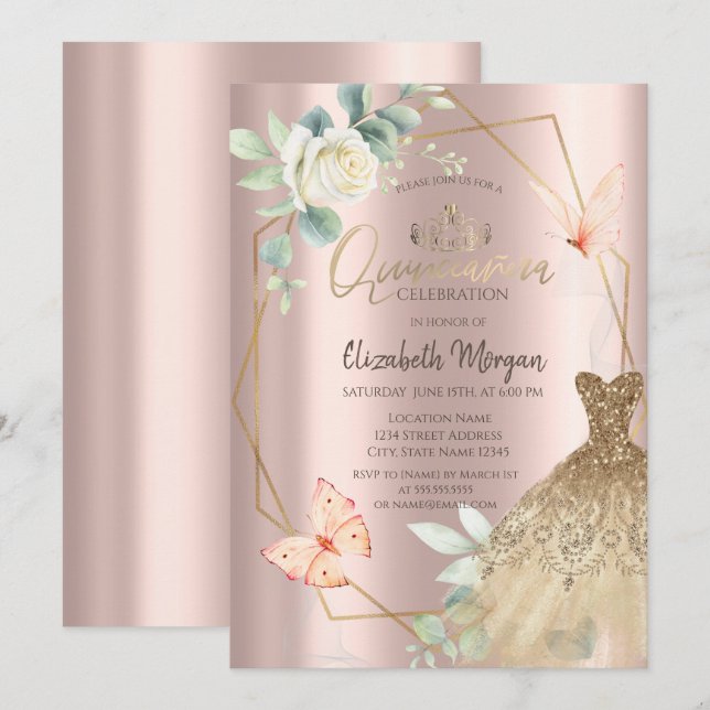 Rahmen Blume Schmetterlinge Dress Rose Gold Einladung (Vorne/Hinten)