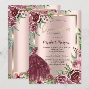 Rahmen, Burgunderrosen Kleid Roségold Quinceanera Einladung