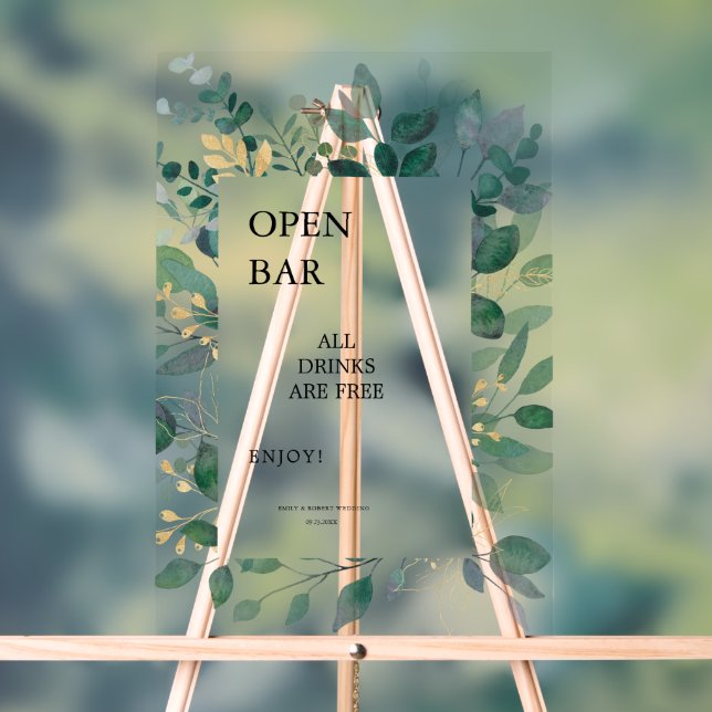 Rahmen für Open Bar Sign Gold und grüne Blätter Acrylschild (Neutral)