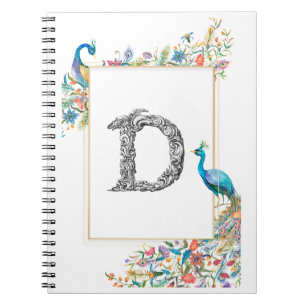 Rahmen mit Aquarell-Pfauen und Blume - D Notizblock