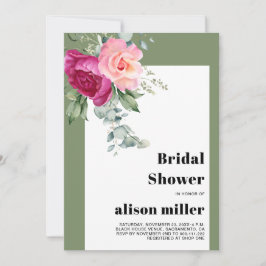 Rahmen mit Eukalyptus und rosa Rosen-Brautparty Einladung