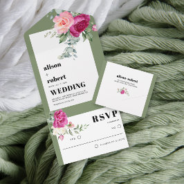 Rahmen mit Eukalyptus und rosa Rosen Hochzeit All In One Einladung