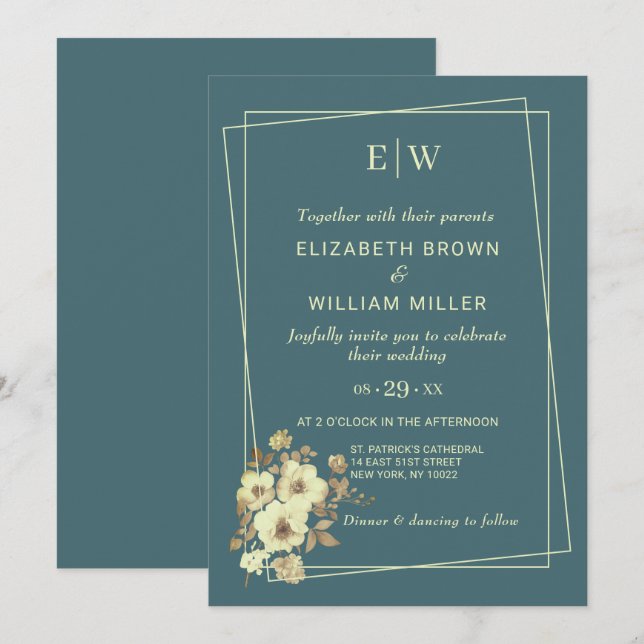 Rahmen mit Rose, Hochzeitstil auf Marine Blue Einladung (Vorne/Hinten)