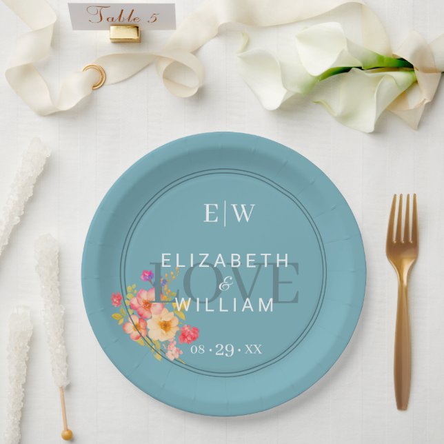 Rahmen mit Rose, Hochzeitstil auf Retro-Blau Pap Pappteller (Hochzeit)