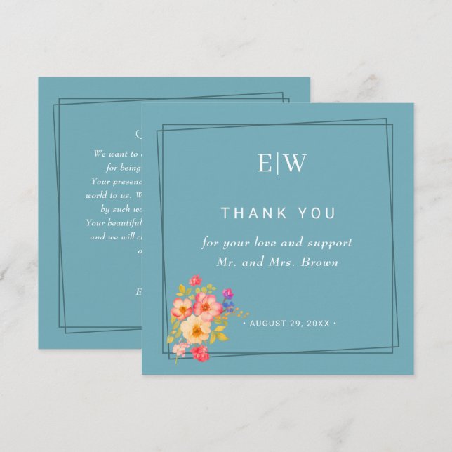 Rahmen mit Rose, Hochzeitstil auf Retroblau Dankeskarte (Vorne/Hinten)