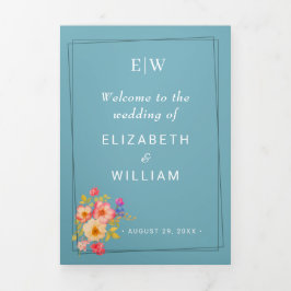 Rahmen mit Rose, Hochzeitstil auf Retroblau Dreifach-gefaltete Programmkarte