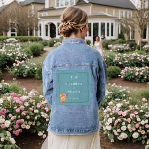 Rahmen mit Rose, Hochzeitstil auf Retroblau Jeansjacke