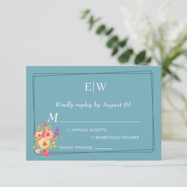Rahmen mit Rose, Hochzeitstil auf Retroblau RSVP Karte (Stehend Vorderseite)
