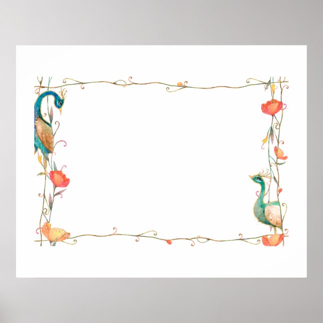 Rahmen mit Wasserfarbe-Pfau und Blumendesign Poster (Vorne)