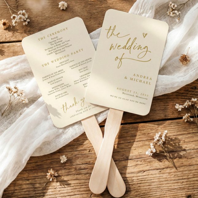 Rahmwolle und Gold Hochzeitsprogramm Fächer (Gold and ivory wedding program fan in modern handwriting with heart.)