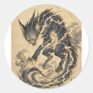 Raiju Gold Schwanz Japanische Yokai Kunst Aufklebe Runder Aufkleber