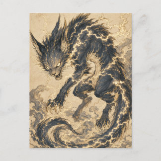 Raiju Gold Schwanz Japanische Yokai Kunst Postkart Postkarte