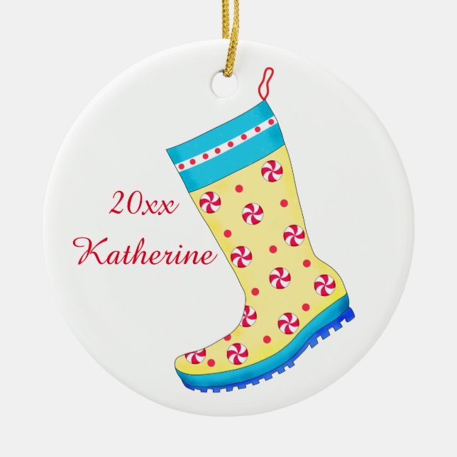 Rain Boot Shoe Lover Weihnachts Strumpf Name Keramik Ornament (Vorne)