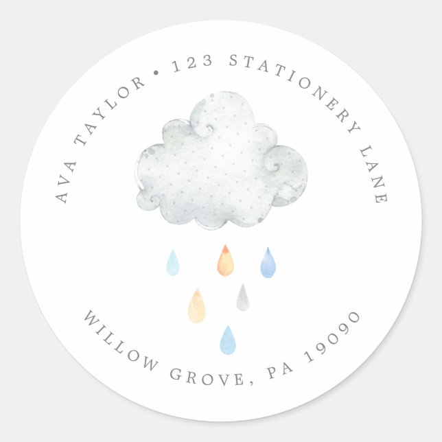 Rain Cloud Boy Baby Shower Circle Rücksendeadresse Runder Aufkleber (Vorderseite)