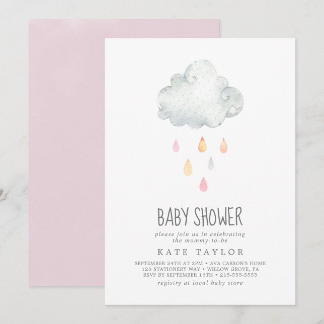 Rain Cloud Girl Babydusche Einladung (Vorne/Hinten)