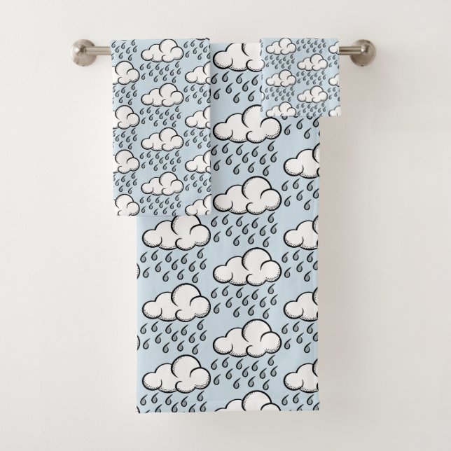 Rain Clouds Illustrated Pattern on Light Blue Badhandtuch Set (Insitu)