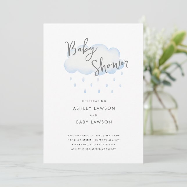 Rain Drop Moderne Minimal Watercolor Babydusche Einladung (Stehend Vorderseite)