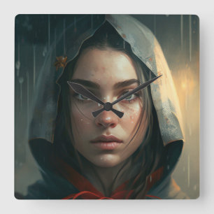 Rain hood girl quadratische wanduhr