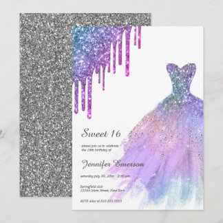 Rainboand Silver Dress Glitzer Tropfen 16 . Geburt Einladung