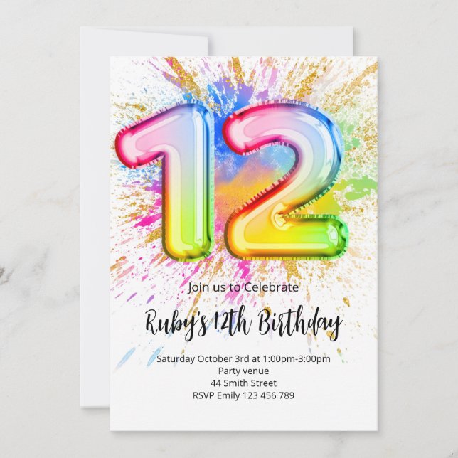 Rainbow 12th Birthday Invitation (Devant)