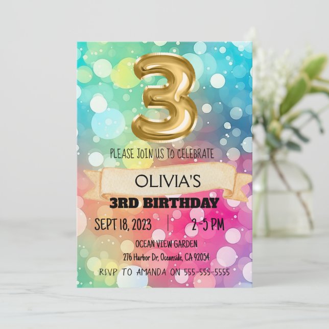 Rainbow 3 Year Old 3 Birthday Party Girls Third Einladung (Stehend Vorderseite)